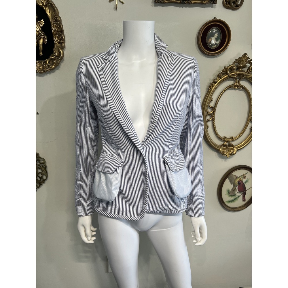 Brooks Brothers Red Fleece Blue White Seersucker Striped Tailored Blazer Size 2